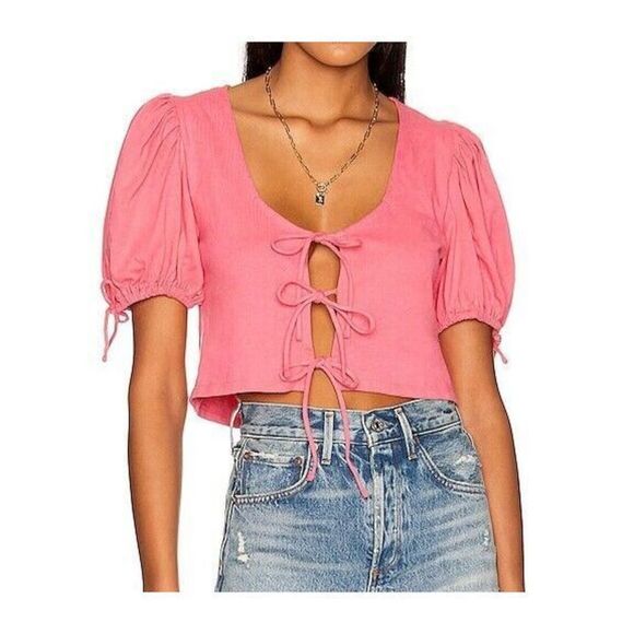 Free People OB1369457 Women's Sz L Velvet Rose Pink Kitty Tie Front Cropped Tee - Picture 1 of 8